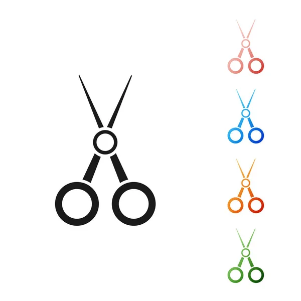 Ciseaux noirs icône coiffeur isolé sur fond blanc. Coiffeur, salon de mode et enseigne de coiffeur. Symbole du coiffeur. Définir des icônes colorées. Illustration vectorielle — Image vectorielle