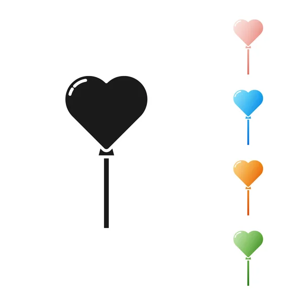 Palloncini neri a forma di cuore con icona a nastro isolata su sfondo bianco. Set icone colorate. Illustrazione vettoriale — Vettoriale Stock