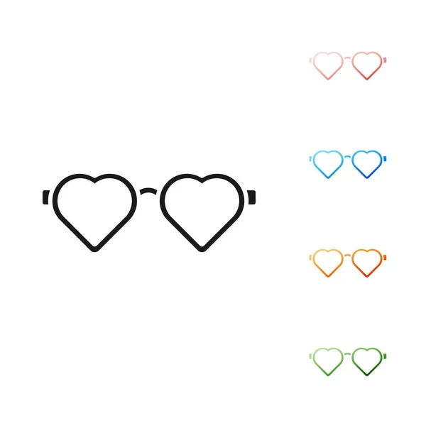 Icono de gafas de amor en forma de corazón negro aislado sobre fondo blanco. Adecuado para el diseño de tarjetas de San Valentín. Establecer iconos de colores. Ilustración vectorial — Vector de stock