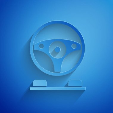 Kağıt kesikli yarış simülatörü kokpit simgesi mavi arkaplanda izole edildi. Oyun aksesuarı. Simülasyon oyunu için Gadget. Kağıt sanatı tarzı. Vektör İllüstrasyonu