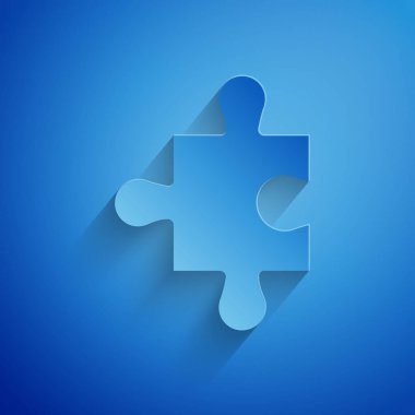 Kağıt mavi arka plan üzerinde izole bulmaca simgesi parçası kesti. Modern düz, iş, pazarlama, finans, internet kavramı. Kağıt sanat tarzı. Vektör İllüstrasyonu