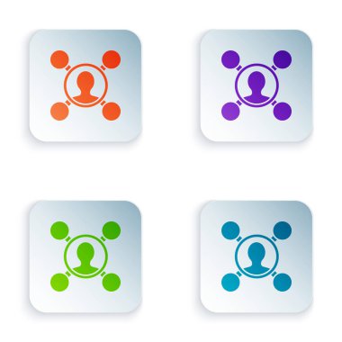 Renk Paylaşım simgesi beyaz arkaplanda izole edildi. Paylaşma, iletişim piktogramı, sosyal medya, bağlantı, ağ, dağıtım. Kare düğmelere simgeleri yerleştir. Vektör İllüstrasyonu