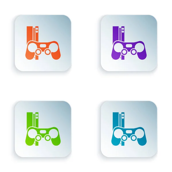 Console de jeu vidéo couleur avec icône joystick isolée sur fond blanc. Définir des icônes dans des boutons carrés. Illustration vectorielle — Image vectorielle