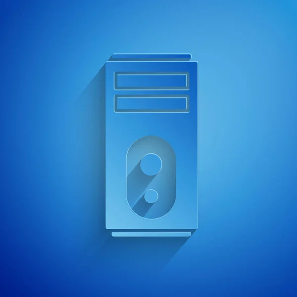 Papírvágás Számítógép ikon elszigetelt kék háttérrel. Pc alkatrész jel. Papírművészeti stílus. Vektorillusztráció — Stock Vector