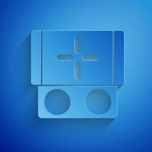 Papier gesneden Draagbare video game console pictogram geïsoleerd op blauwe achtergrond. Gamepad bord. Gokconcept. Papierkunst stijl. Vector Illustratie — Stockvector
