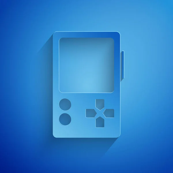 在蓝色背景下隔离的可移植视频游戏控制台图标。Gamepad标志。游戏的概念。造纸艺术风格。病媒图解 — 图库矢量图片