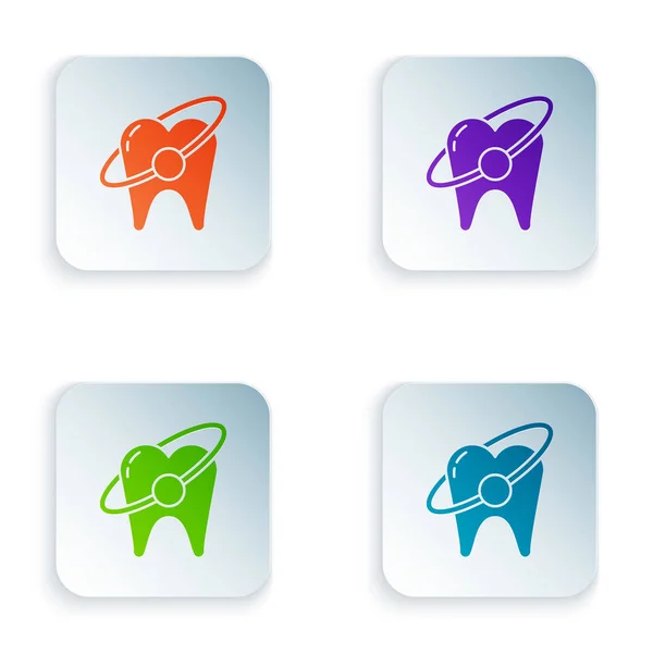 Kolor Ząb wybielanie koncepcja ikona izolowane na białym tle. Symbol zęba dla kliniki stomatologicznej lub kliniki stomatologicznej. Zestaw ikon w kwadratowych przyciskach. Ilustracja wektora — Wektor stockowy