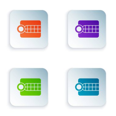 Beyaz arkaplanda izole edilmiş renkli takma dişler modeli simgesi. Diş konsepti. Kare düğmelere simgeleri yerleştir. Vektör İllüstrasyonu