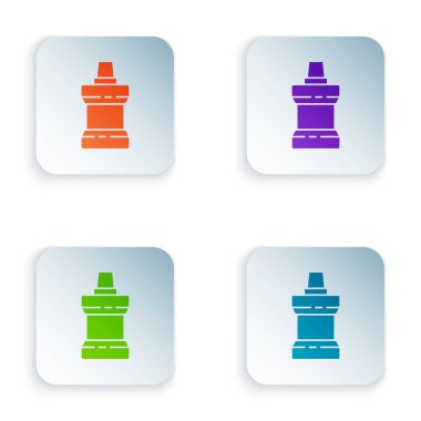 Ağız gargarası plastik şişe simgesi beyaz arkaplanda izole edilmiş. Ağzını çalkalamak için sıvı. Ağız bakım ekipmanları. Kare düğmelere simgeleri yerleştir. Vektör İllüstrasyonu