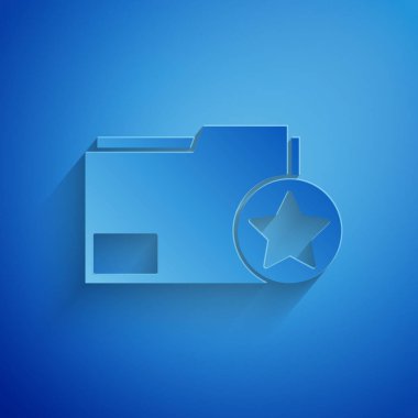 Mavi arkaplanda yıldız simgesi izole edilmiş kağıt kesimi Belge dizini. En iyi belge, favori, derecelendirme sembolü. Kağıt sanatı tarzı. Vektör İllüstrasyonu