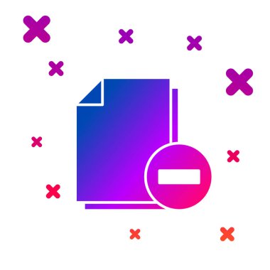 Beyaz arka planda izole eksi simgesi olan renkli belge. Belgeyi temizle. Dosya belgesini kaldırın. Bilgi dosyasını silin. Degrade rasgele dinamik şekiller. Vektör Illustration