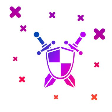 Beyaz zemin üzerinde çapraz kılıç simgesi olan renkli Ortaçağ kalkanı. Kademeli rastgele dinamik şekiller. Vektör İllüstrasyonu