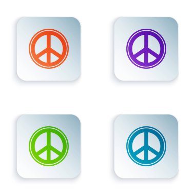 Renk Barış simgesi beyaz arkaplanda izole edildi. Hippi barış sembolü. Kare düğmelere simgeleri yerleştir. Vektör İllüstrasyonu