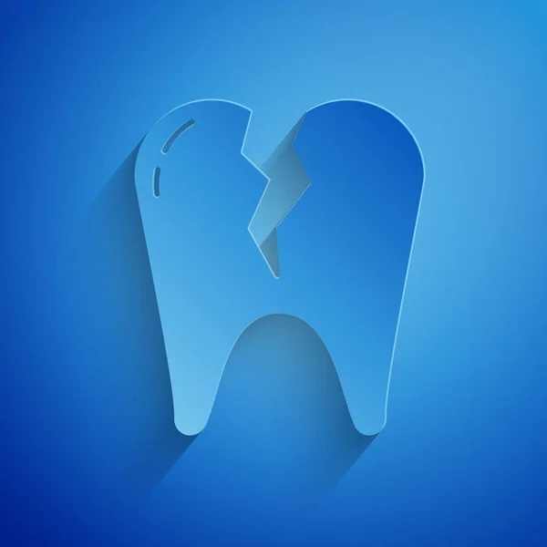Papel cortado ícone dente quebrado isolado no fundo azul. Ícone de problema dentário. Símbolo de cuidados dentários. Estilo de arte de papel. Ilustração vetorial —  Vetores de Stock