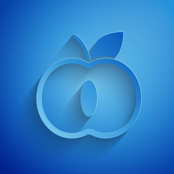 Paper cut Apple icon isolated on blue background. Fruit with leaf symbol. Paper art style. Vector Illustration