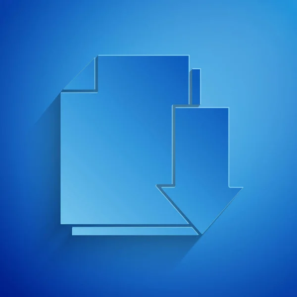 Corte de papel Documento com ícone de download isolado no fundo azul. Símbolo do documento. Estilo de arte de papel. Ilustração vetorial — Vetor de Stock