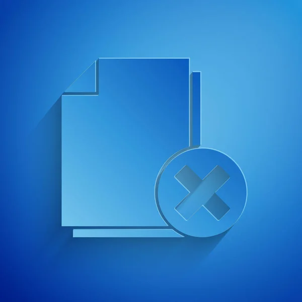 Paper cut Delete file document icon isolated on blue background. Rejected document icon. Cross on paper. Paper art style. Vector Illustration — Stock Vector