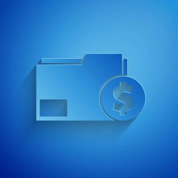 Paperi leikata Finance kansio kuvake eristetty sinisellä taustalla. Paperi pankki asiakirja dollarin kolikon laskun tai laskun käsite. Paperitaidetta. Vektorikuvaus — vektorikuva