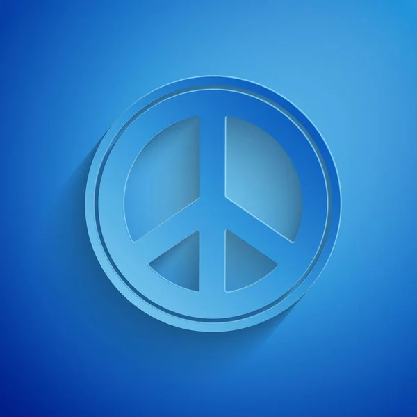 Paper cut Peace icon isolated on blue background. Hippie symbol of peace. Paper art style. Vector Illustration — ストックベクタ