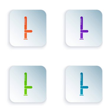 Renkli Polis kauçuk çubuk simgesi beyaz arkaplanda izole edildi. Kauçuk copu. Polis yarasası. Polis ekipmanları. Kare düğmelere simgeleri yerleştir. Vektör İllüstrasyonu