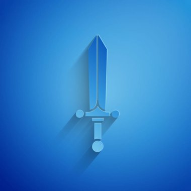 Kağıt kesiği Ortaçağ kılıç simgesi mavi arka planda izole edilmiş. Kağıt sanatı tarzı. Vektör İllüstrasyonu