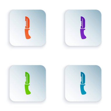 Beyaz arka planda izole edilmiş renkli askeri bıçak ikonu. Kare düğmelere simgeleri yerleştir. Vektör İllüstrasyonu