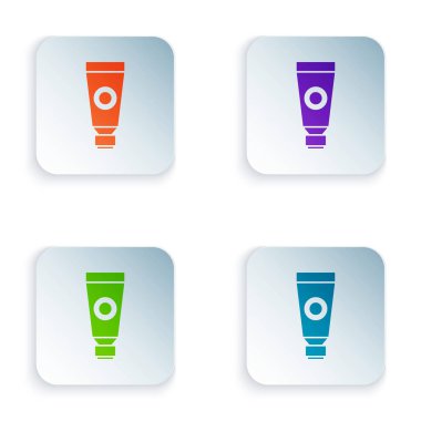 Beyaz arka planda izole edilmiş renkli krem ya da losyon kozmetik tüp ikonu. Erkekler için vücut bakım ürünleri. Kare düğmelere simgeleri yerleştir. Vektör İllüstrasyonu