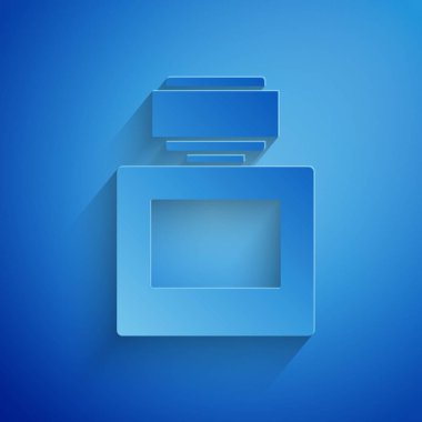 Kağıt kesme Aftershave simgesi mavi arka plan üzerinde izole. Köln sprey simgesi. Erkek parfüm şişesi. Kağıt sanat tarzı. Vektör İllüstrasyonu