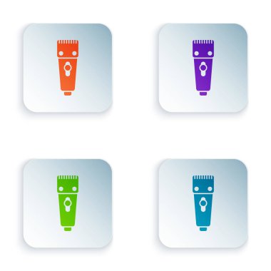 Beyaz arka planda izole edilmiş renkli elektrikli saç kırpıcı ya da tıraş ikonu. Berber dükkanı sembolü. Kare düğmelere simgeleri yerleştir. Vektör İllüstrasyonu