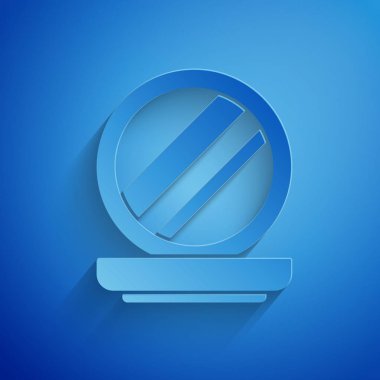 Paper cut Makeup powder with mirror icon isolated on blue background. Paper art style. Vector Illustration