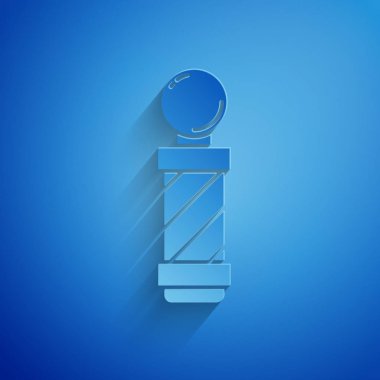 Kağıt mavi arka plan üzerinde izole Klasik Berber dükkan kutup simgesi kesti. Berber dükkanı direği sembolü. Kağıt sanat tarzı. Vektör İllüstrasyonu