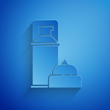 Kağıt kesim Tıraş jeli köpük simgesi mavi arka plan üzerinde izole. Tıraş kremi. Kağıt sanat tarzı. Vektör İllüstrasyonu