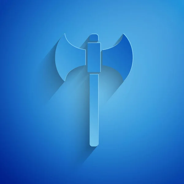 Paper cut Medieval axe icon isolated on blue background. Battle axe, executioner axe. Paper art style. Vector Illustration — 스톡 벡터