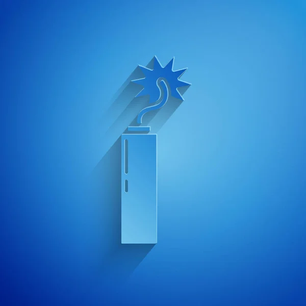 Paper cut Detonate dynamite bomb stick clock icon isolated on blue background. Time bomb - explosion danger concept. Paper art style. Vector Illustration — ストックベクタ