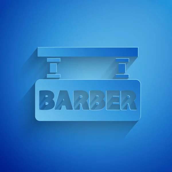 Papel cortado ícone Barbershop isolado no fundo azul. Logotipo de cabeleireiro ou tabuleta. Estilo de arte de papel. Ilustração vetorial — Vetor de Stock
