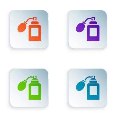 Beyaz arka planda izole edilmiş atom ikonu olan renkli tıraş losyonu şişesi. Parfüm spreyi ikonu. Erkek parfüm şişesi. Kare düğmelere simgeleri yerleştir. Vektör İllüstrasyonu