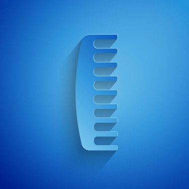 Kağıt kesiği saç fırçası simgesi mavi arkaplanda izole edilmiş. Taraklı saç işareti. Berber sembolü. Kağıt sanatı tarzı. Vektör İllüstrasyonu