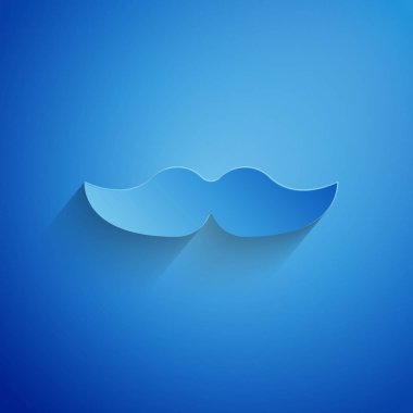 Kağıt mavi arka plan üzerinde izole Bıyık simgesi kesti. Berber dükkanı sembolü. Yüz saç stili. Kağıt sanat tarzı. Vektör İllüstrasyonu