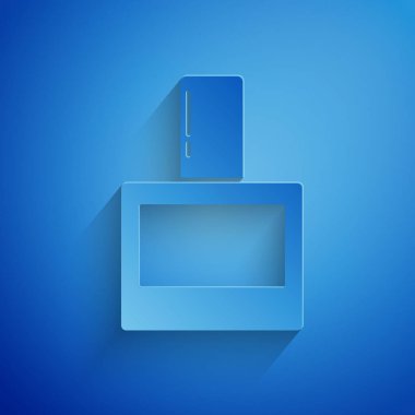 Kağıt kesme Aftershave simgesi mavi arka plan üzerinde izole. Köln sprey simgesi. Erkek parfüm şişesi. Kağıt sanat tarzı. Vektör İllüstrasyonu