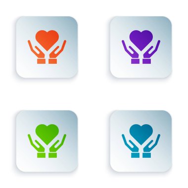 Eldeki renk kalbi simgesi beyaz arkaplanda izole edildi. El çabukluğu aşk sembolü. Sevgililer Günü sembolü. Kare düğmelere simgeleri yerleştir. Vektör İllüstrasyonu