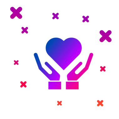 Eldeki renk kalbi simgesi beyaz arkaplanda izole edildi. El çabukluğu aşk sembolü. Sevgililer Günü sembolü. Kademeli rastgele dinamik şekiller. Vektör İllüstrasyonu