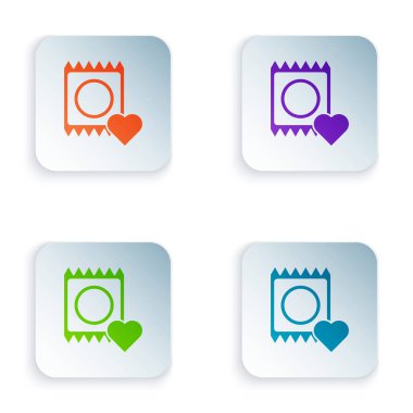 Color Condom in package icon isolated on white background. Safe love symbol. Contraceptive method for male. Set icons in square buttons. Vector Illustration