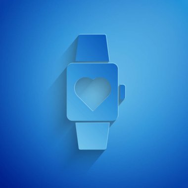 Paper cut Heart in the center wrist watch icon isolated on blue background. Valentines day. Paper art style. Vector Illustration