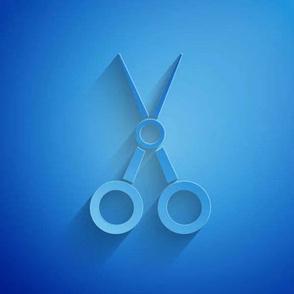 Иконка парикмахера с ножницами вырезана из бумаги на синем фоне. Парикмахерская, модный салон и вывеска. Символ парикмахерской. Бумажный стиль. Векторная миграция — стоковый вектор