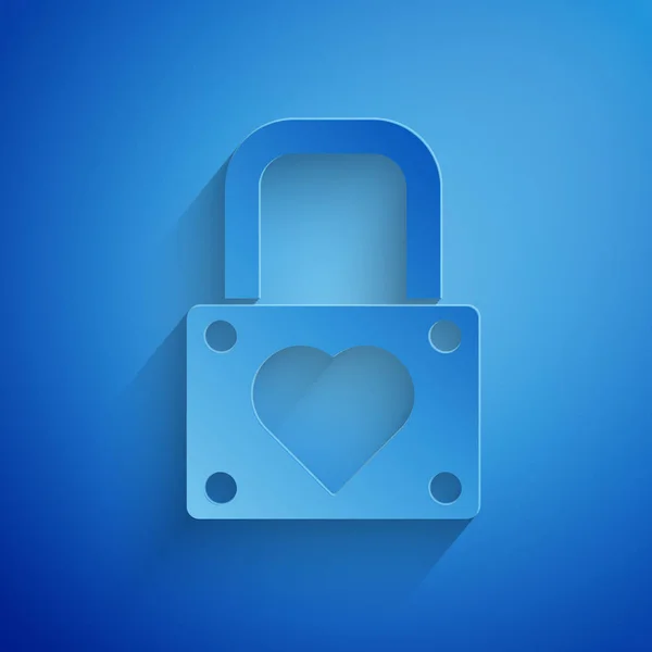 Paper cut Lock and heart icon isolated on blue background. Locked Heart. Love symbol and keyhole sign. Valentines day symbol. Paper art style. Vector Illustration — Stok Vektör