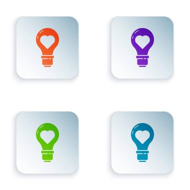 Color Heart shape in a light bulb icon isolated on white background. Love symbol. Valentine day symbol. Set icons in square buttons. Vector Illustration