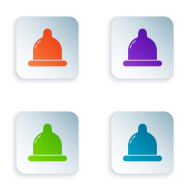 Color Condom icon isolated on white background. Safe love symbol. Contraceptive method for male. Set icons in square buttons. Vector Illustration