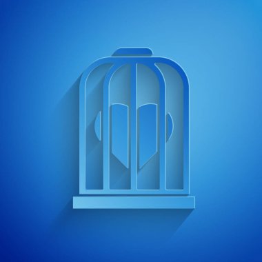 Kağıt kesiği. Kuş kafesi ikonundaki kalp, mavi arka planda izole edilmiş. Aşk işareti. Sevgililer Günü sembolü. Kağıt sanatı tarzı. Vektör İllüstrasyonu