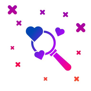 Renk Arama kalbi ve aşk simgesi beyaz arkaplanda izole edildi. İçinde kalp olan büyüteç. Kademeli rastgele dinamik şekiller. Vektör İllüstrasyonu