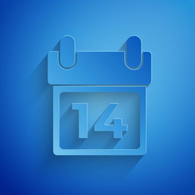 Kağıt kesiği Takvim, 14 Şubat simgesi mavi arkaplanda izole edilmiş. Sevgililer Günü. Aşk sembolü. Kağıt sanatı tarzı. Vektör İllüstrasyonu